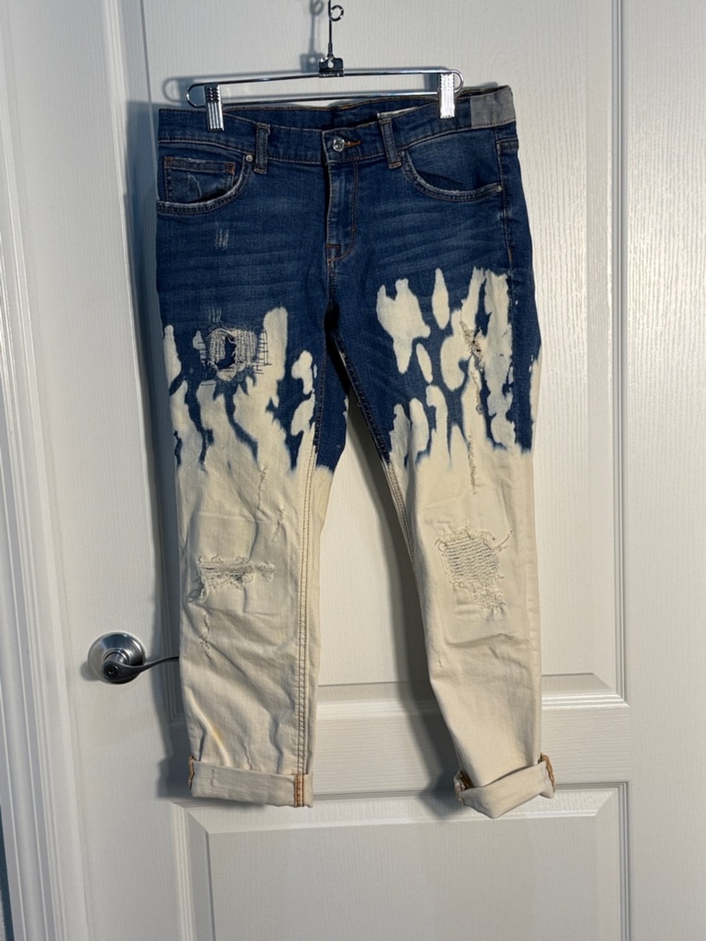 Zara Woman Dip-Dye Two-Tone Distressed Cropped Jeans - Blue and Cream Size 6